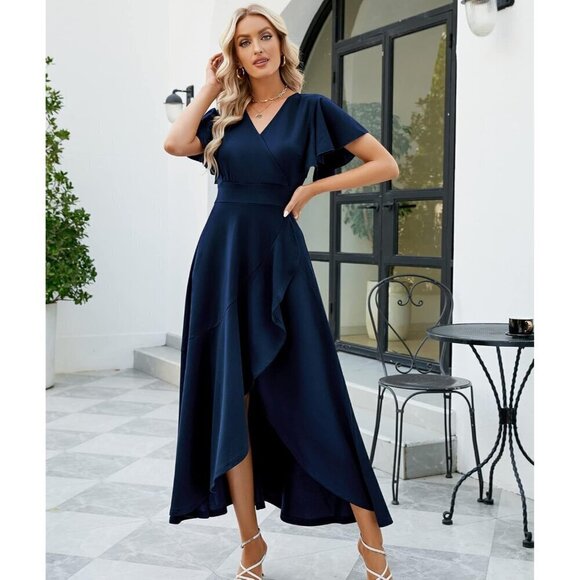 Long Formal Dresses for Women Navy blue V Neck Wrap Ruffle Dress - Picture 5 of 6